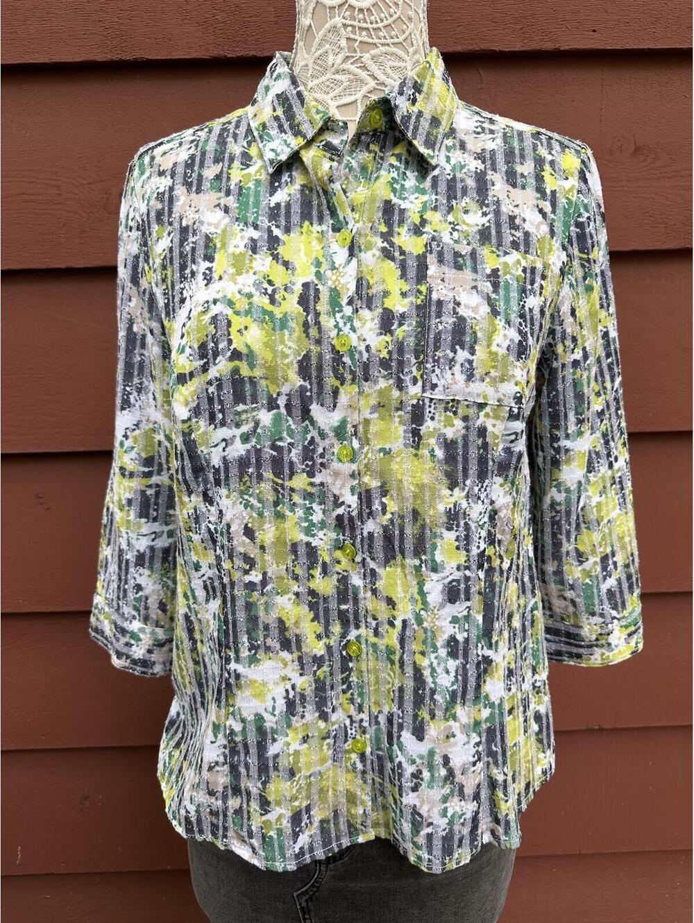 Christopher & Banks Floral Button Down Blouse Yellow Green Textured Stripe 3/4